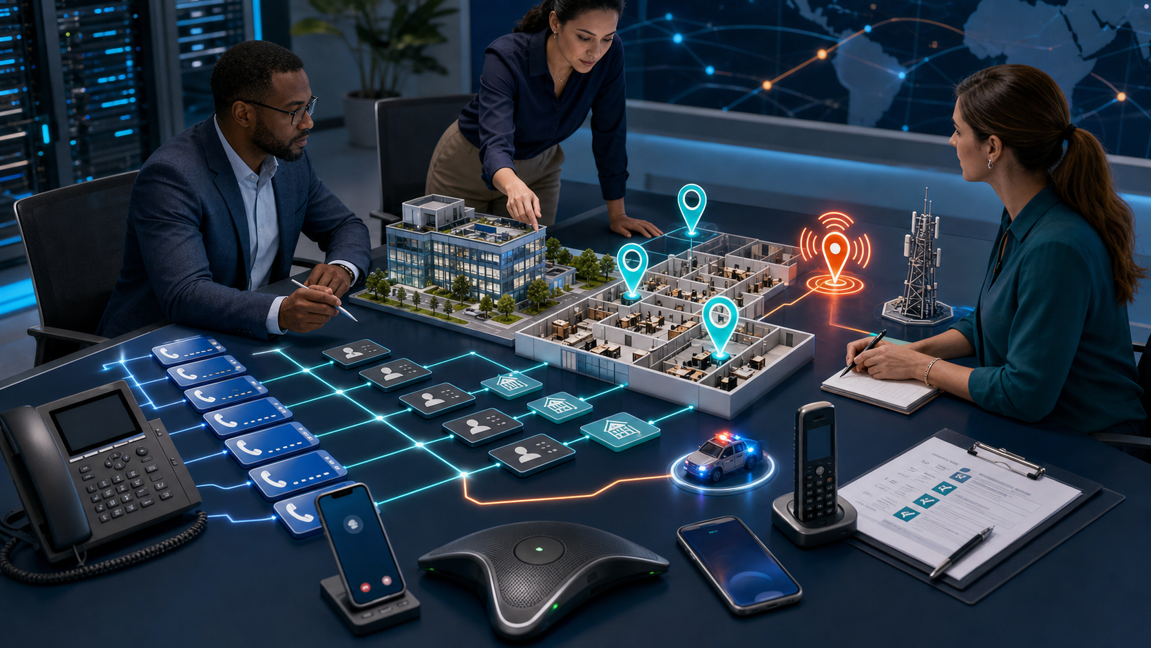 Teams Phone number inventory mapped to users, resource accounts, emergency addresses, network locations, dispatch routing, and validation evidence