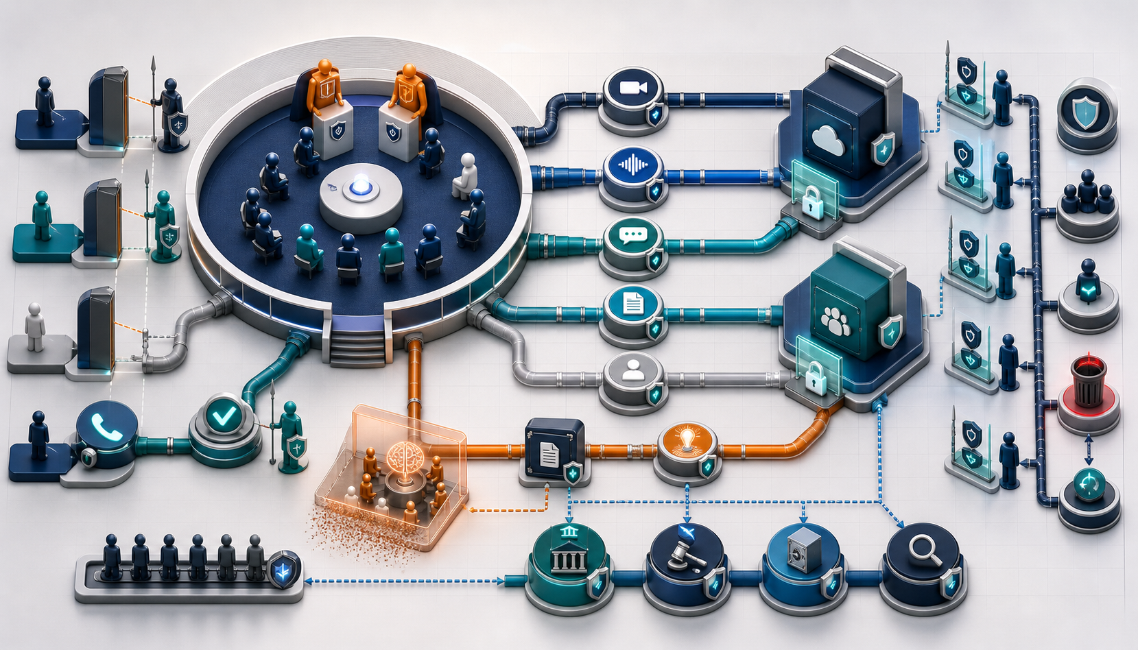 Teams meeting recording and transcription governance architecture showing consent, storage, permissions, Copilot paths, expiration, retention, eDiscovery, and recovery