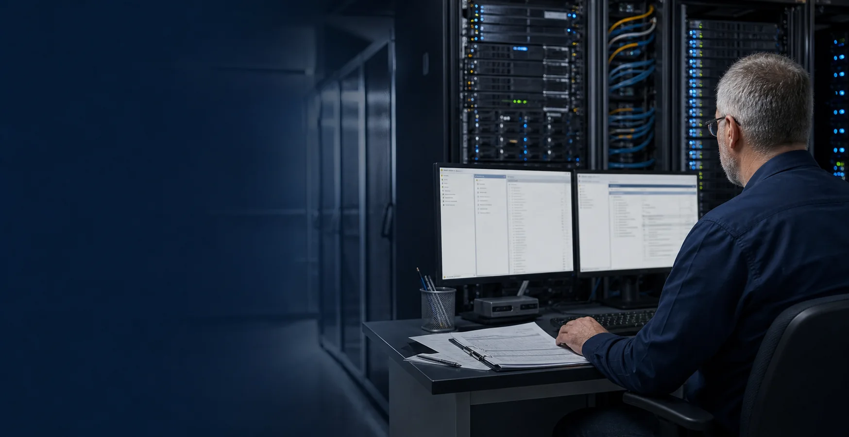 Windows Server security hardening review by an infrastructure engineer beside enterprise rack servers