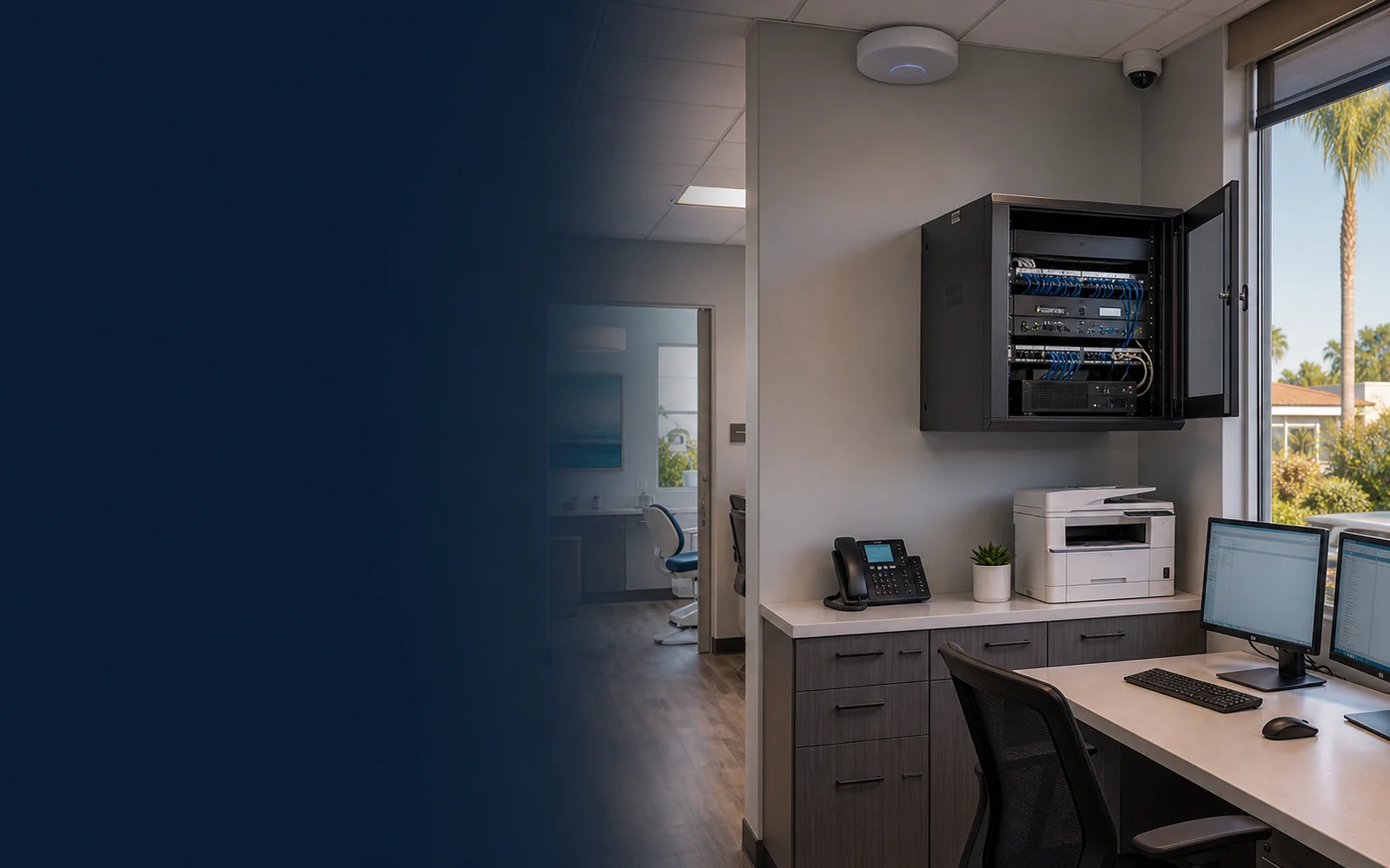 Secure small-business healthcare office network with firewall, managed switch, wireless access point, UPS, workstations, phone, printer, and camera