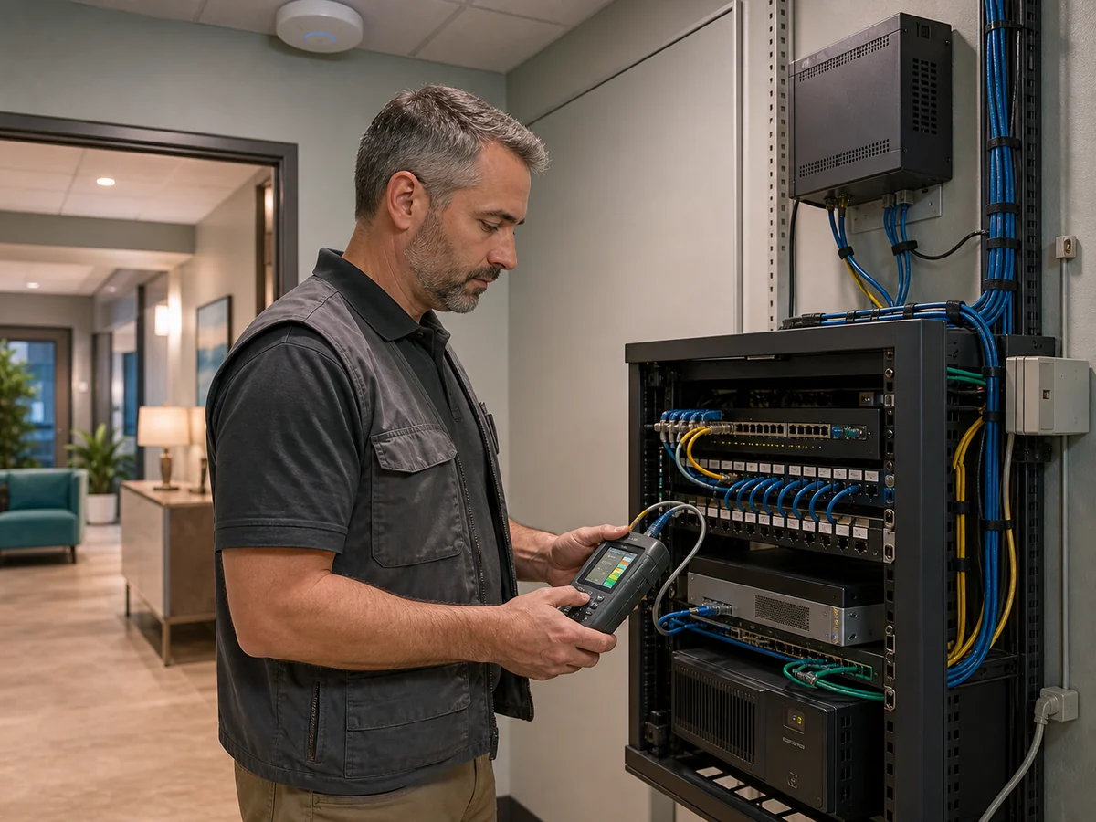 Field network technician validating a small-business firewall, managed switch, patch panel, UPS, and cabling with a handheld tester