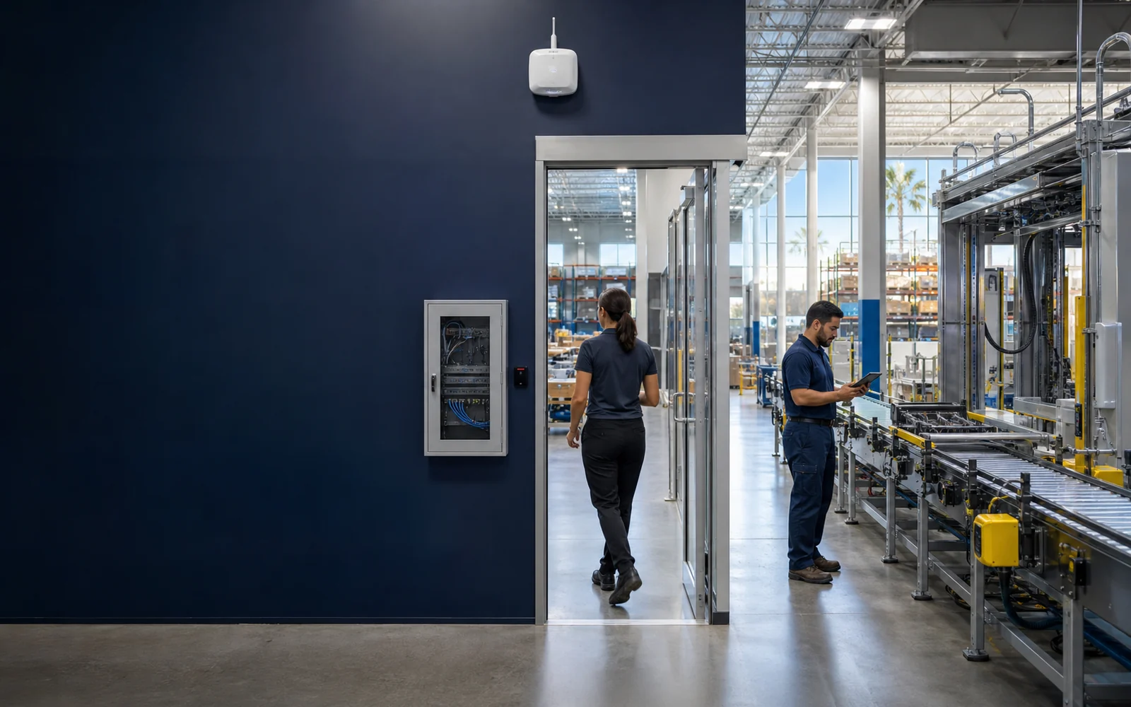 Layered cybersecurity controls in a modern logistics facility with access control, cameras, wireless infrastructure, industrial systems, and secured network equipment