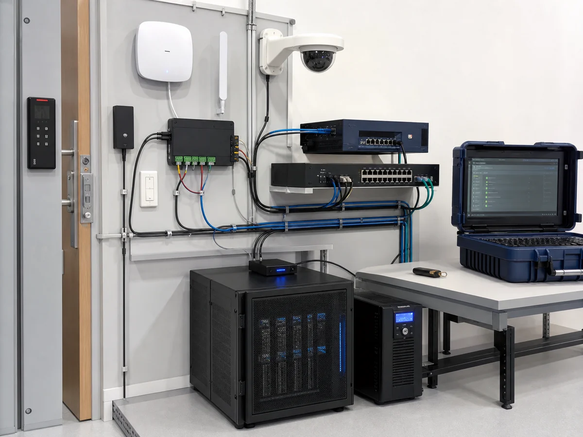 Cybersecurity control assurance lab with access reader, network appliance, security camera, endpoint, hardware token, backup device, and test equipment