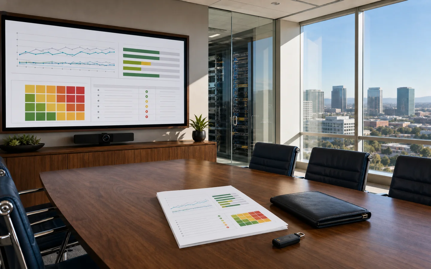 Bright executive briefing room with an unlabeled cybersecurity risk dashboard, board packet, hardware token, city skyline, and glass-walled network equipment room