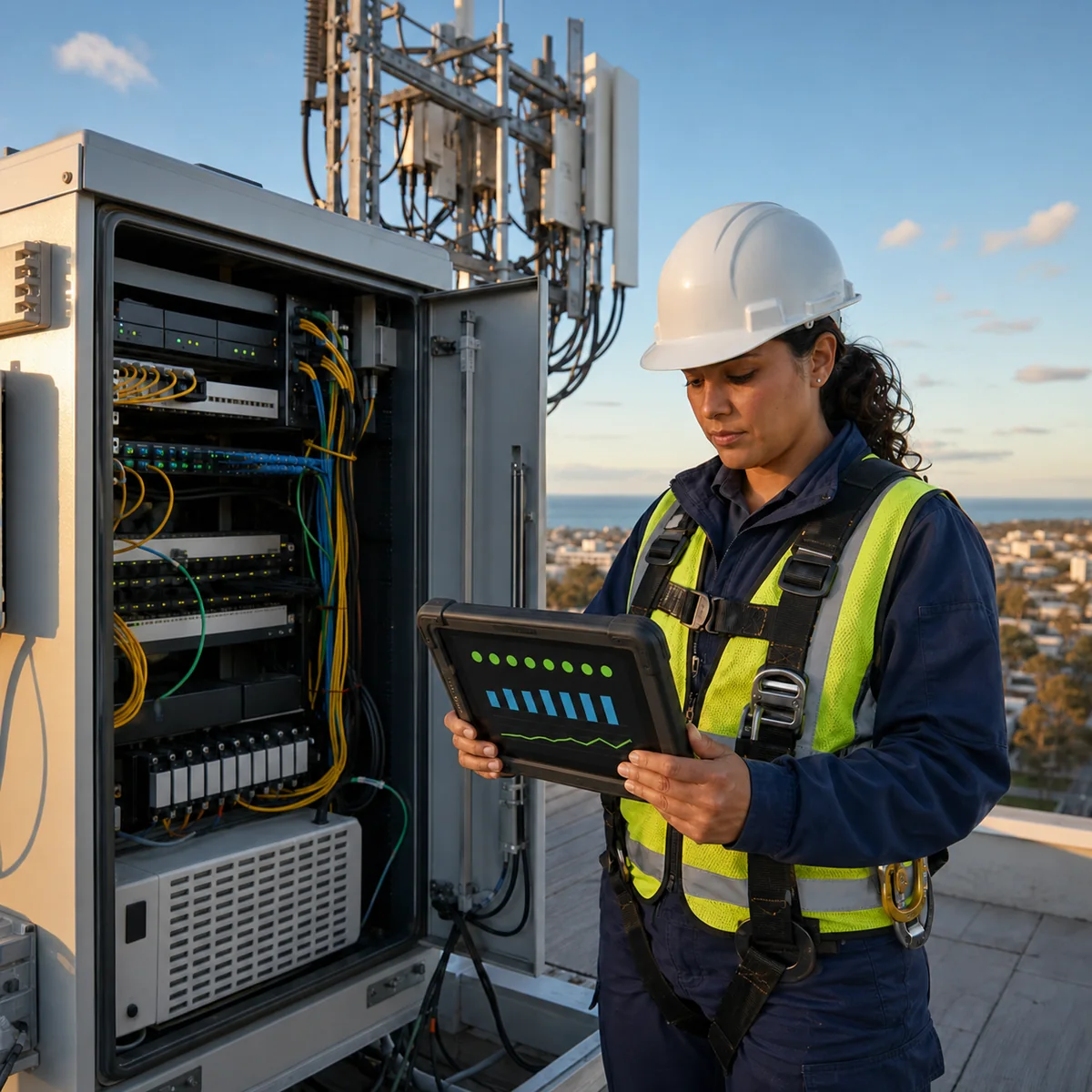 Network reliability engineer validating telecom cabinet status on a Southern California rooftop using an unlabeled rugged tablet