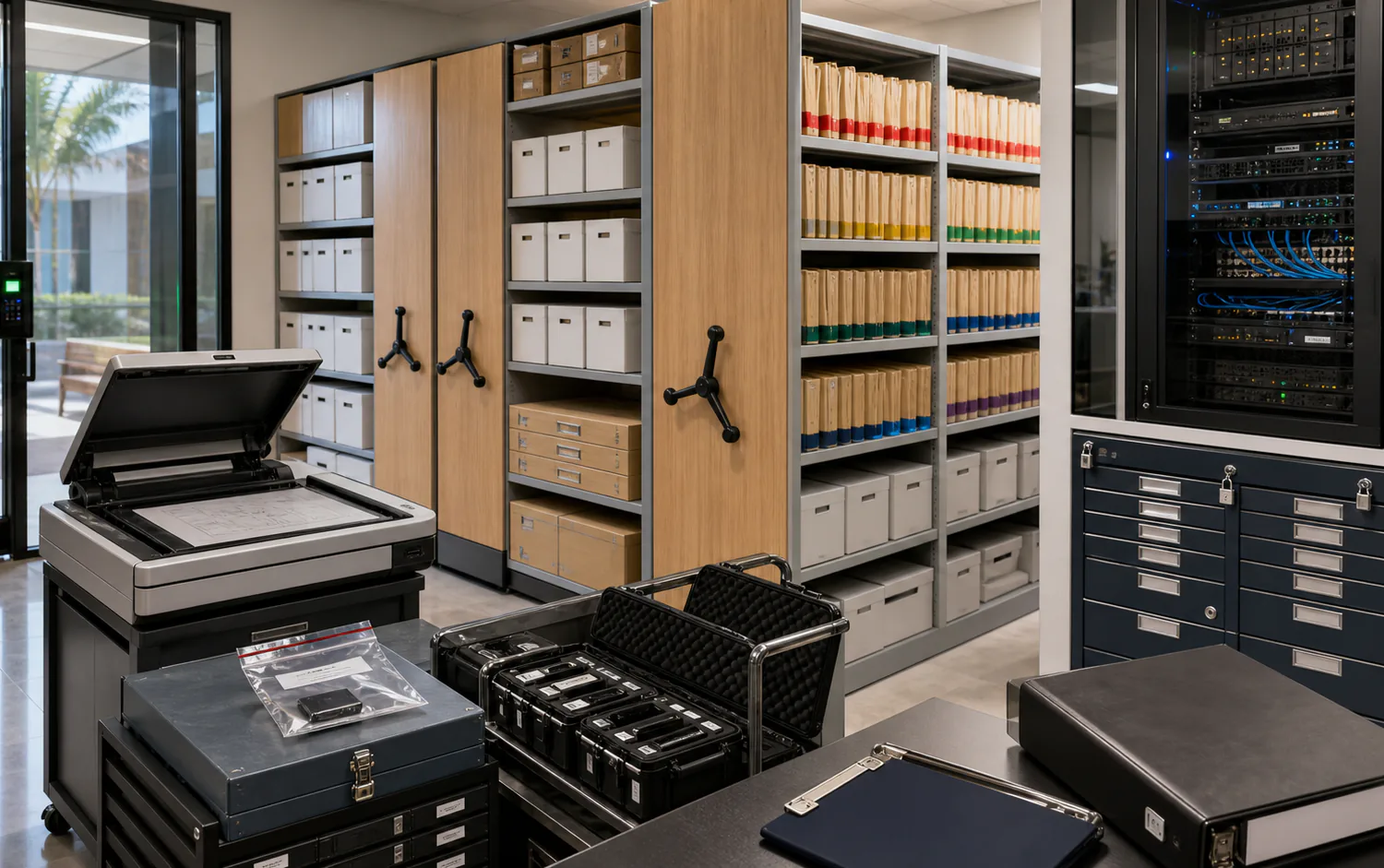 Secure legal records archive with controlled files, evidence media, scanner, badge access, and network storage