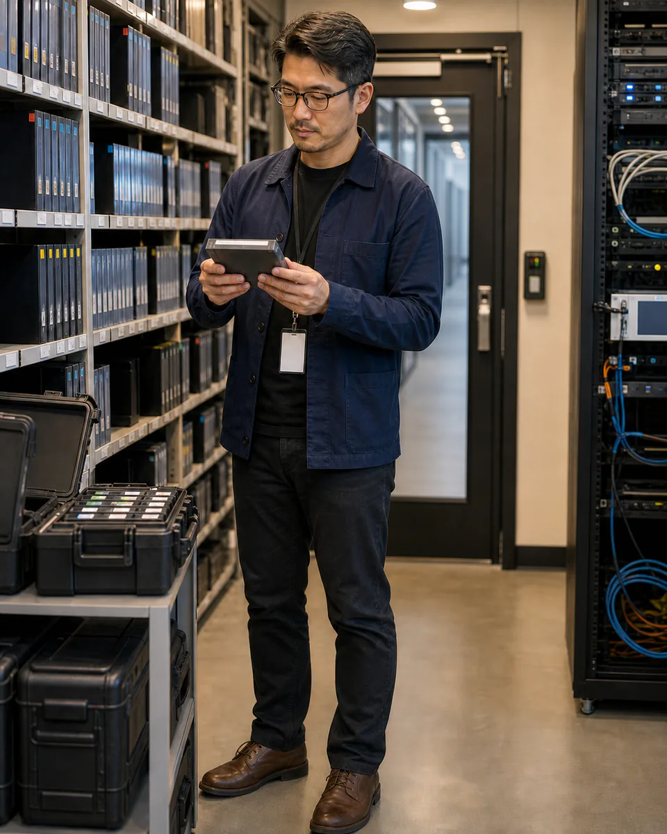 Media archivist validating controlled tape custody in a secure production data vault