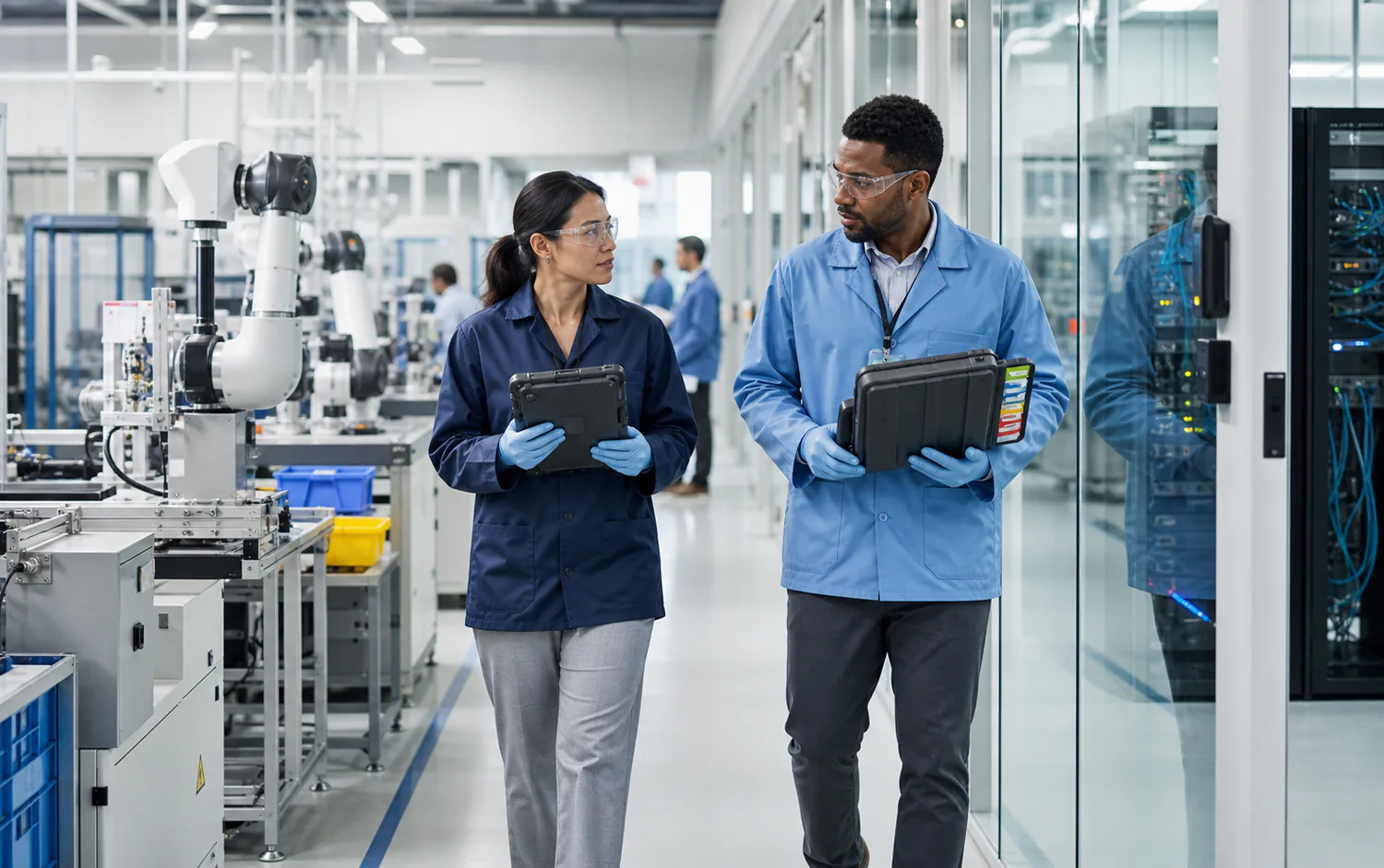 Quality engineer and IT security architect carrying rugged tablets through a secure medical-device manufacturing facility