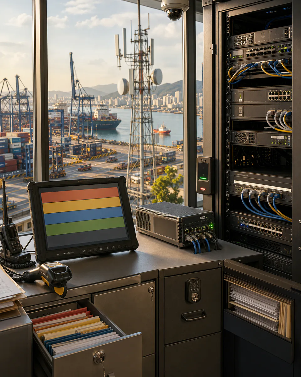 Smart seaport communications room with wireless infrastructure, network rack, rugged classification display, and secured business records