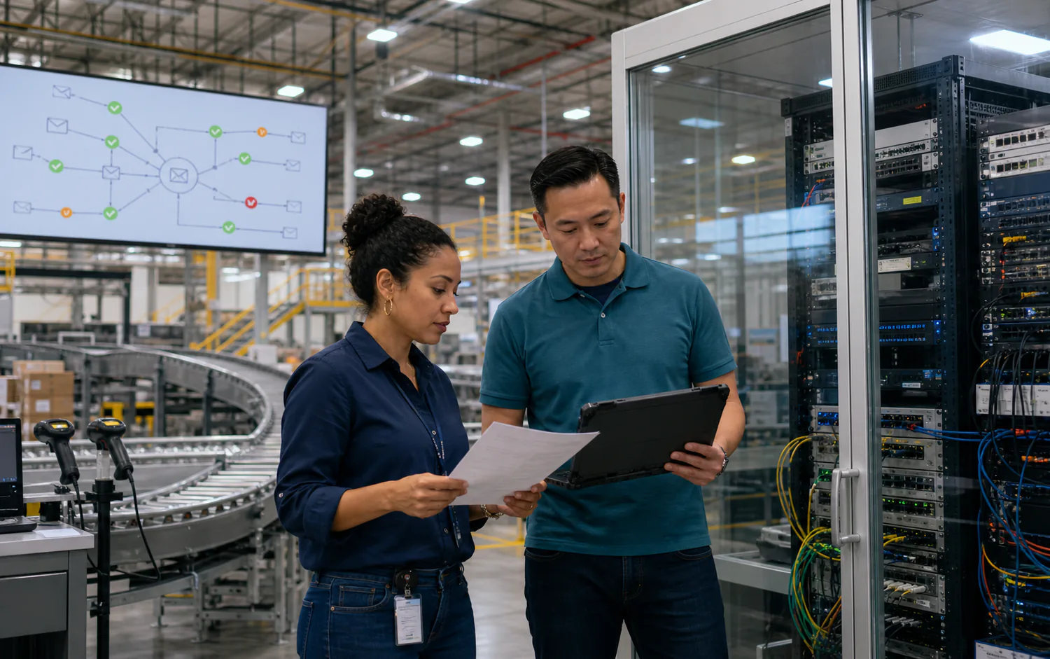 Email security engineer and fulfillment systems manager reviewing a sender inventory beside network racks and an automated parcel system