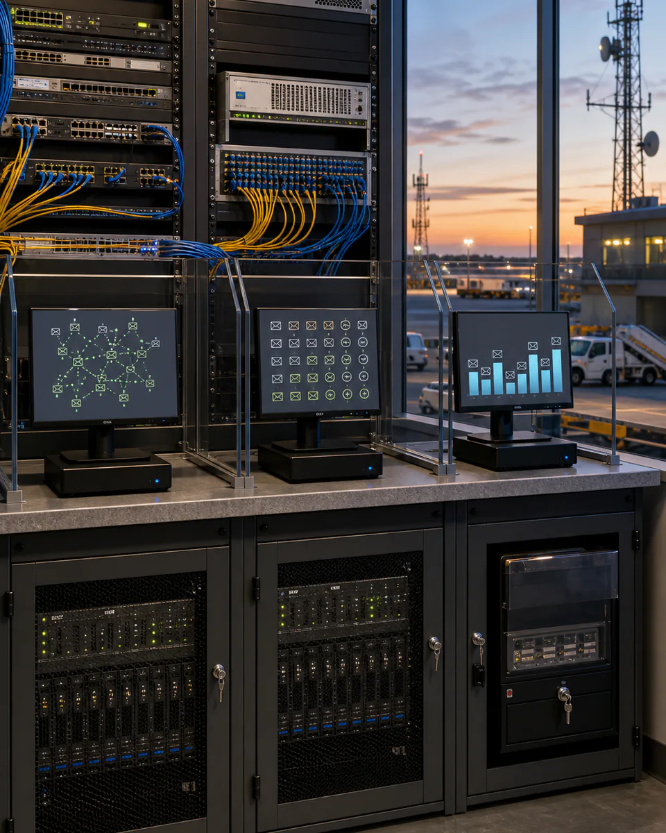 Three isolated DMARC validation monitors connected to email relay and network equipment in an airport communications lab
