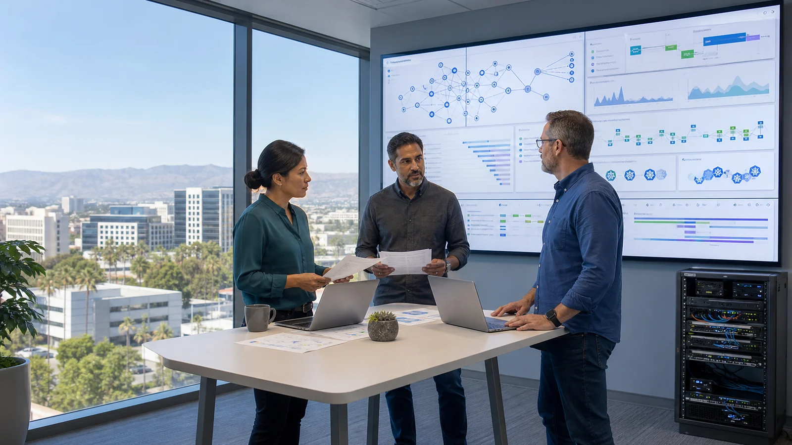 Application reliability team reviewing service dependencies, traces, latency, and infrastructure health in a bright collaboration room