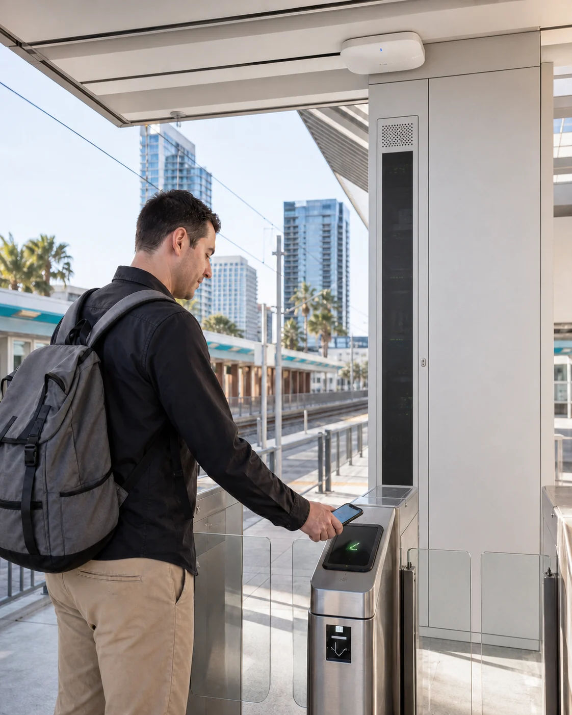 Traveler using a mobile transit application at a connected gate with wireless and edge infrastructure visible