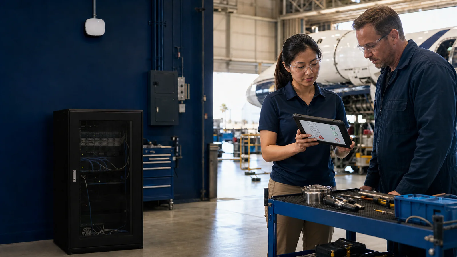 Cybersecurity engineer and aerospace maintenance lead reviewing email protection test results on a rugged tablet in a working aircraft hangar