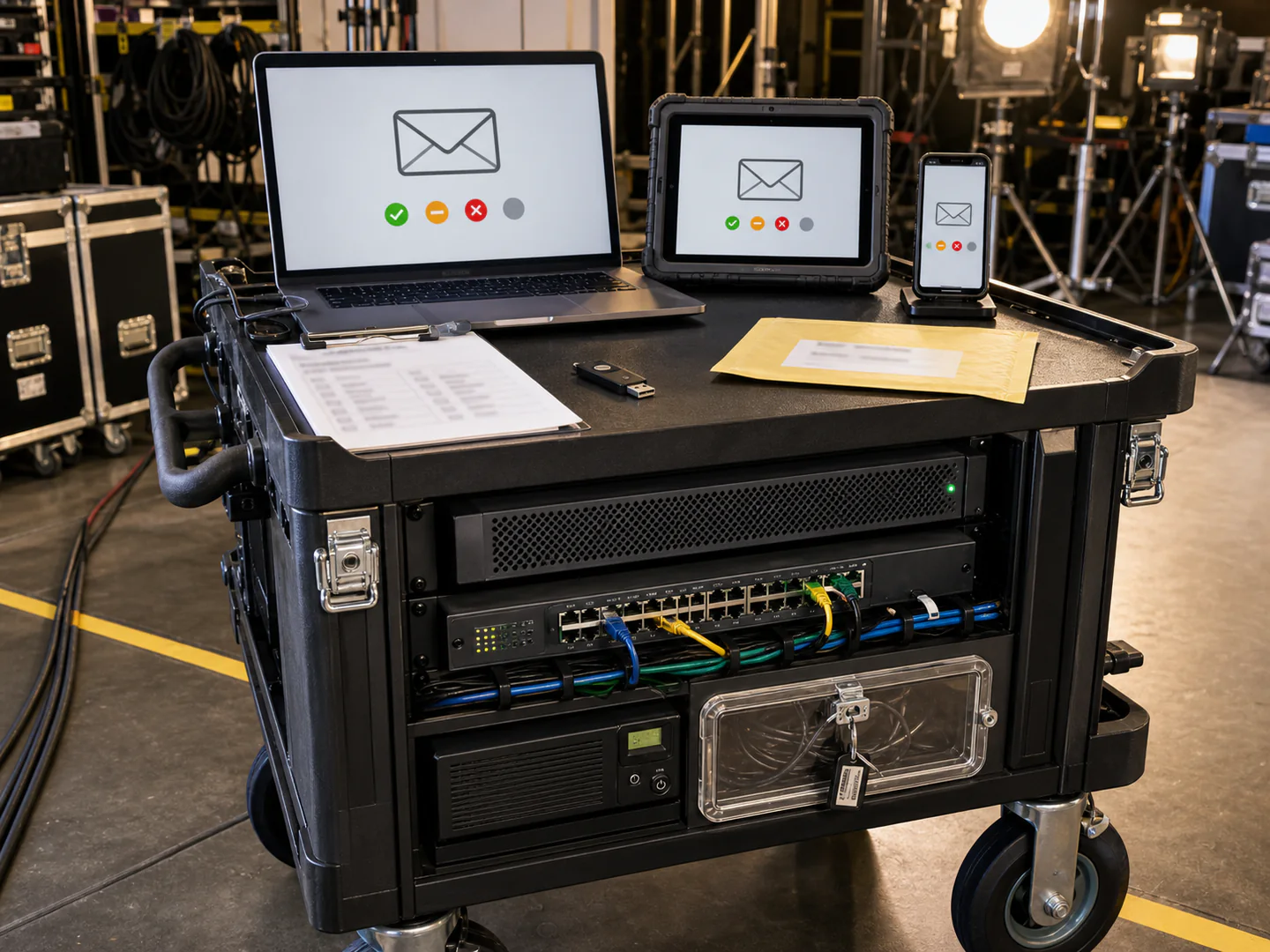 Portable production communications cart with network switch, security hardware, laptop, rugged tablet, and phone displaying email test status symbols