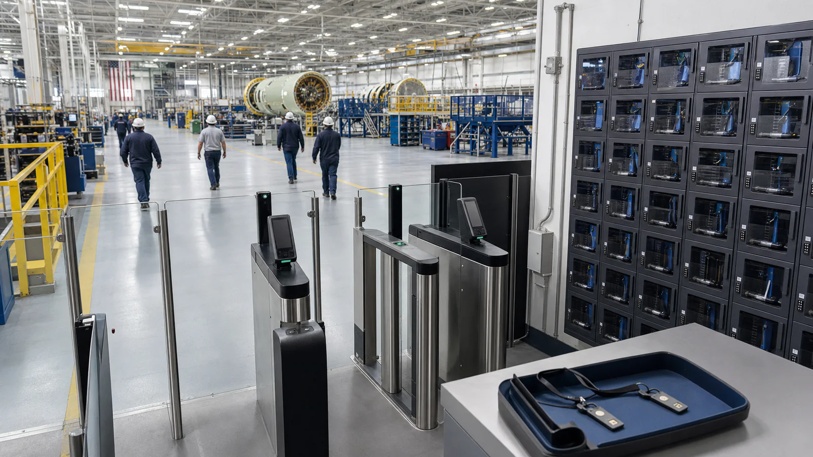 Secure employee entry and managed device storage inside an aerospace manufacturing facility