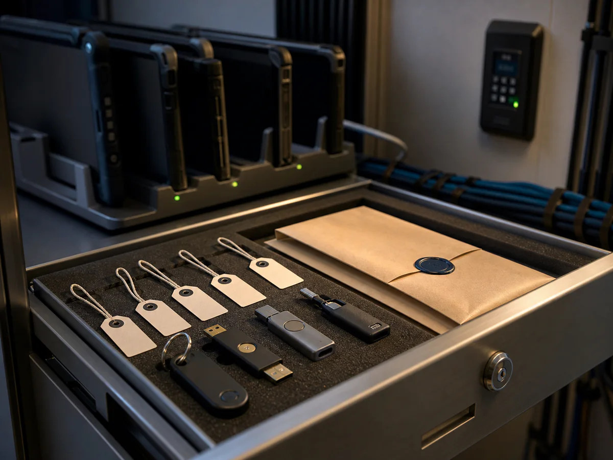 Hardware security keys, sealed recovery materials, and managed rugged tablets in secure storage