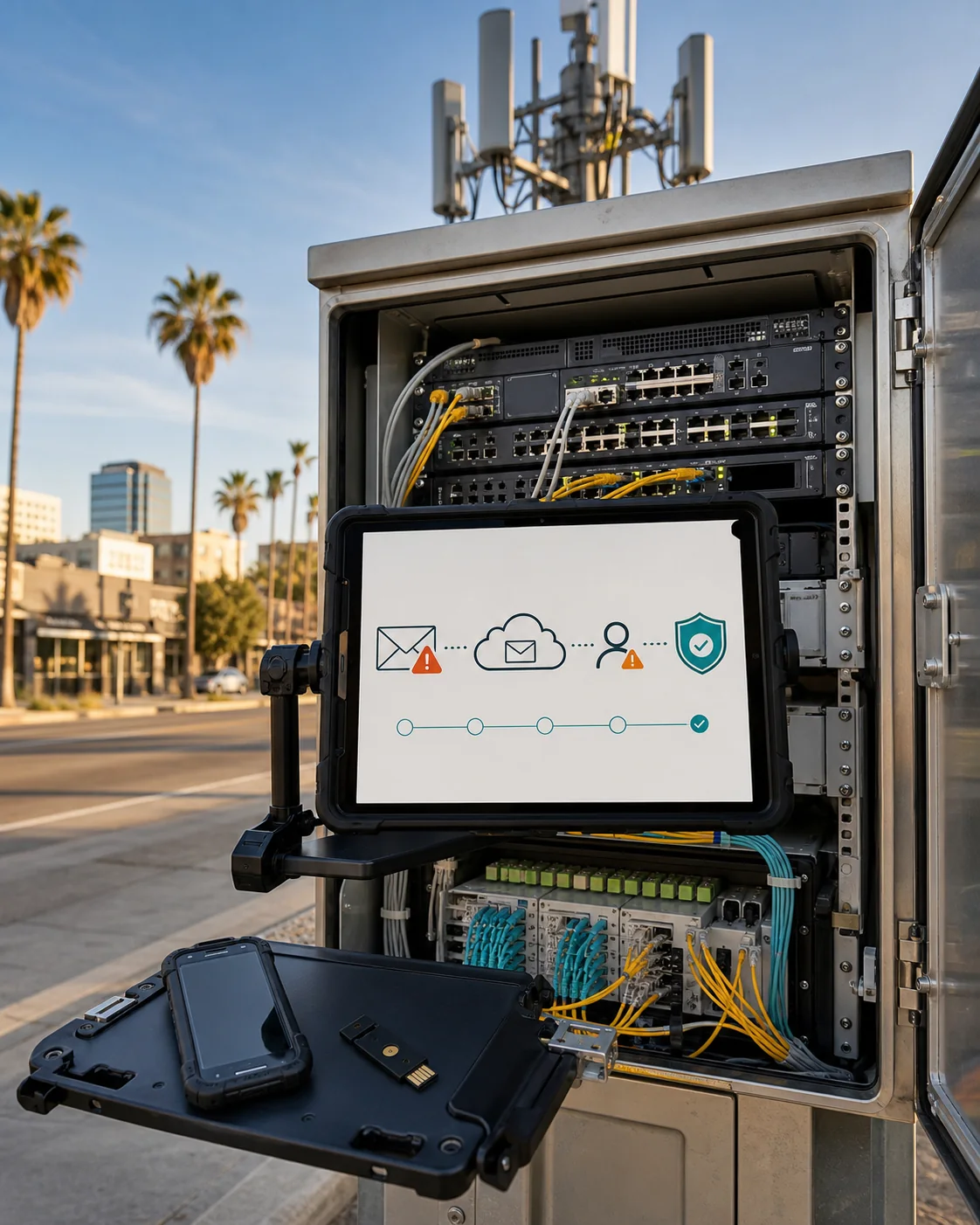 Cloud email security alert displayed inside a city telecom cabinet with switches, fiber links, wireless antennas, and secure field devices