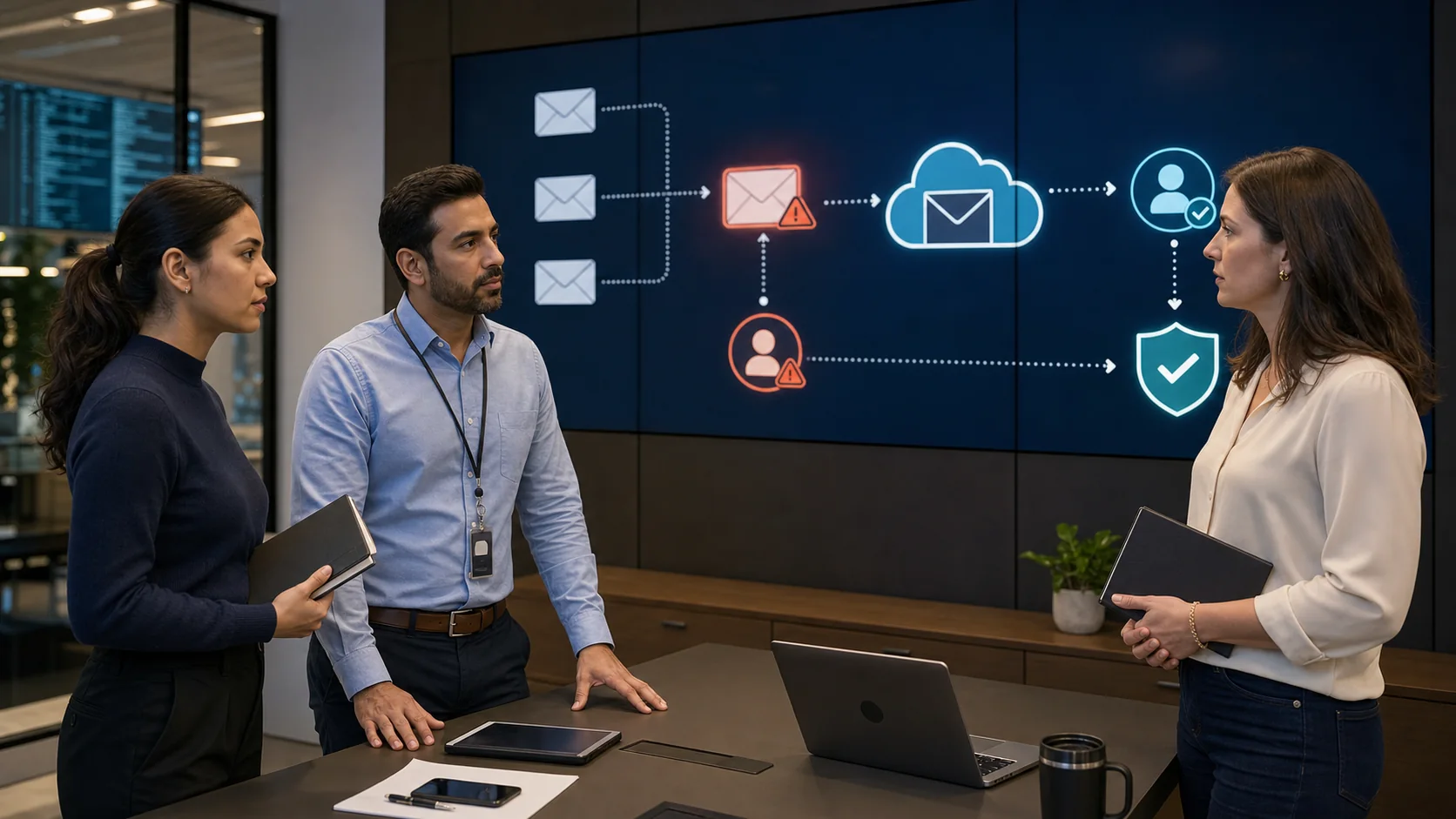 Email security team reviewing a suspicious message path, cloud mailbox, identity risk, and containment workflow