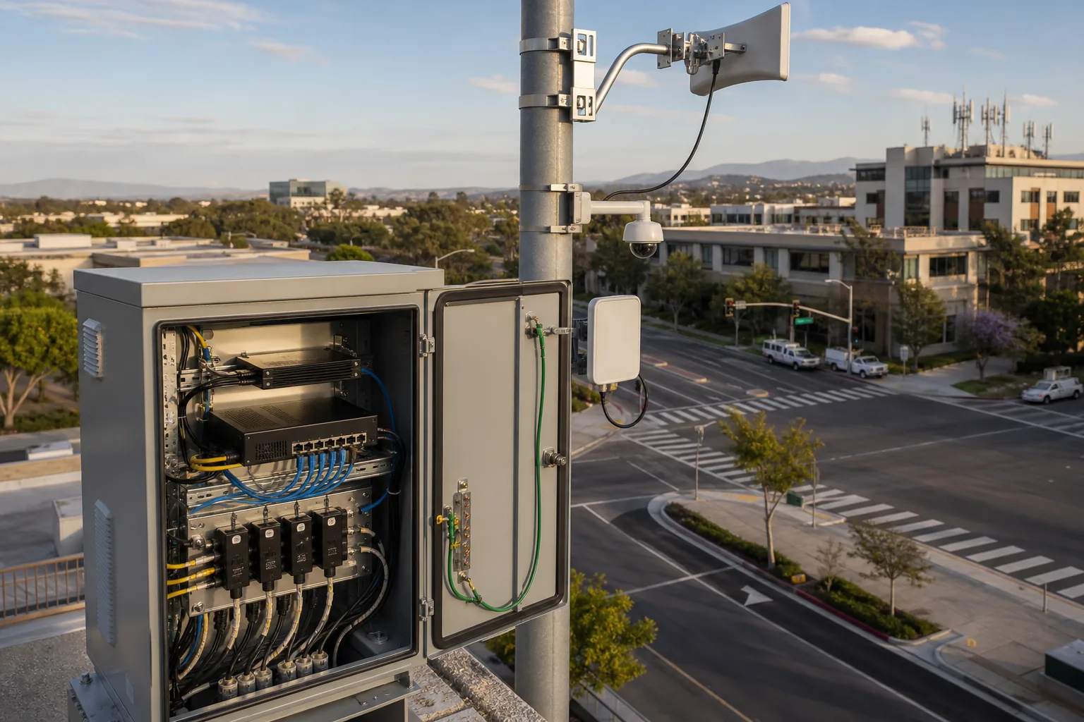 Hardened city network cabinet with access switch, fiber links, grounding, wireless antennas, and traffic camera