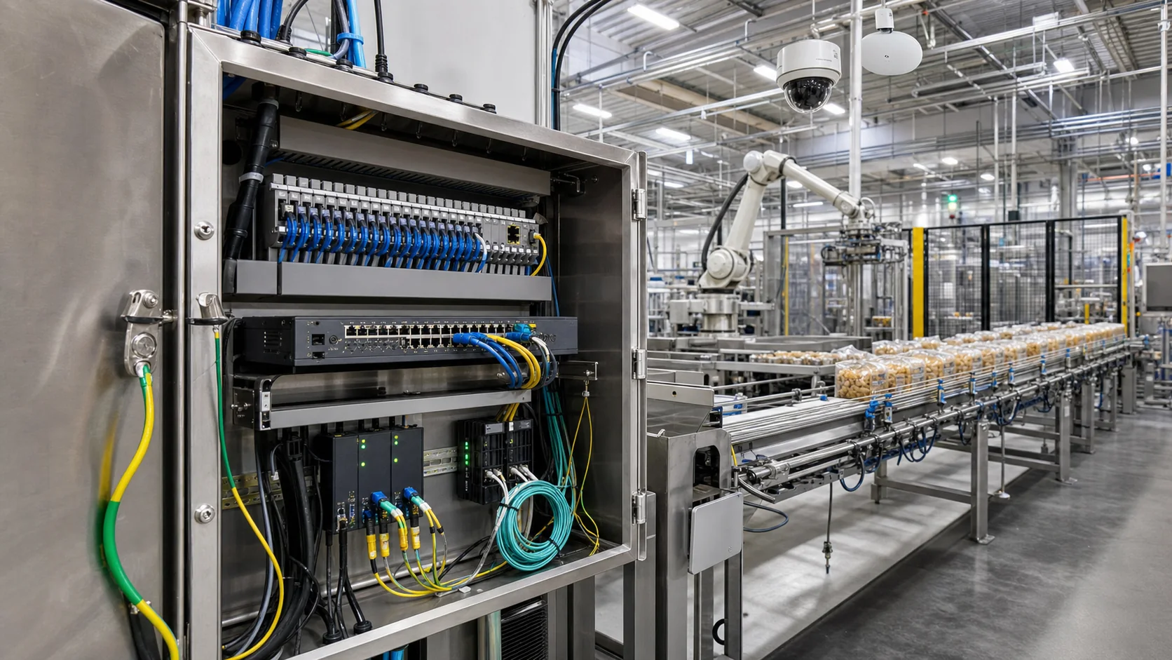 Industrial access switch, patch field, fiber links, structured cabling, cameras, wireless access points, and production machinery