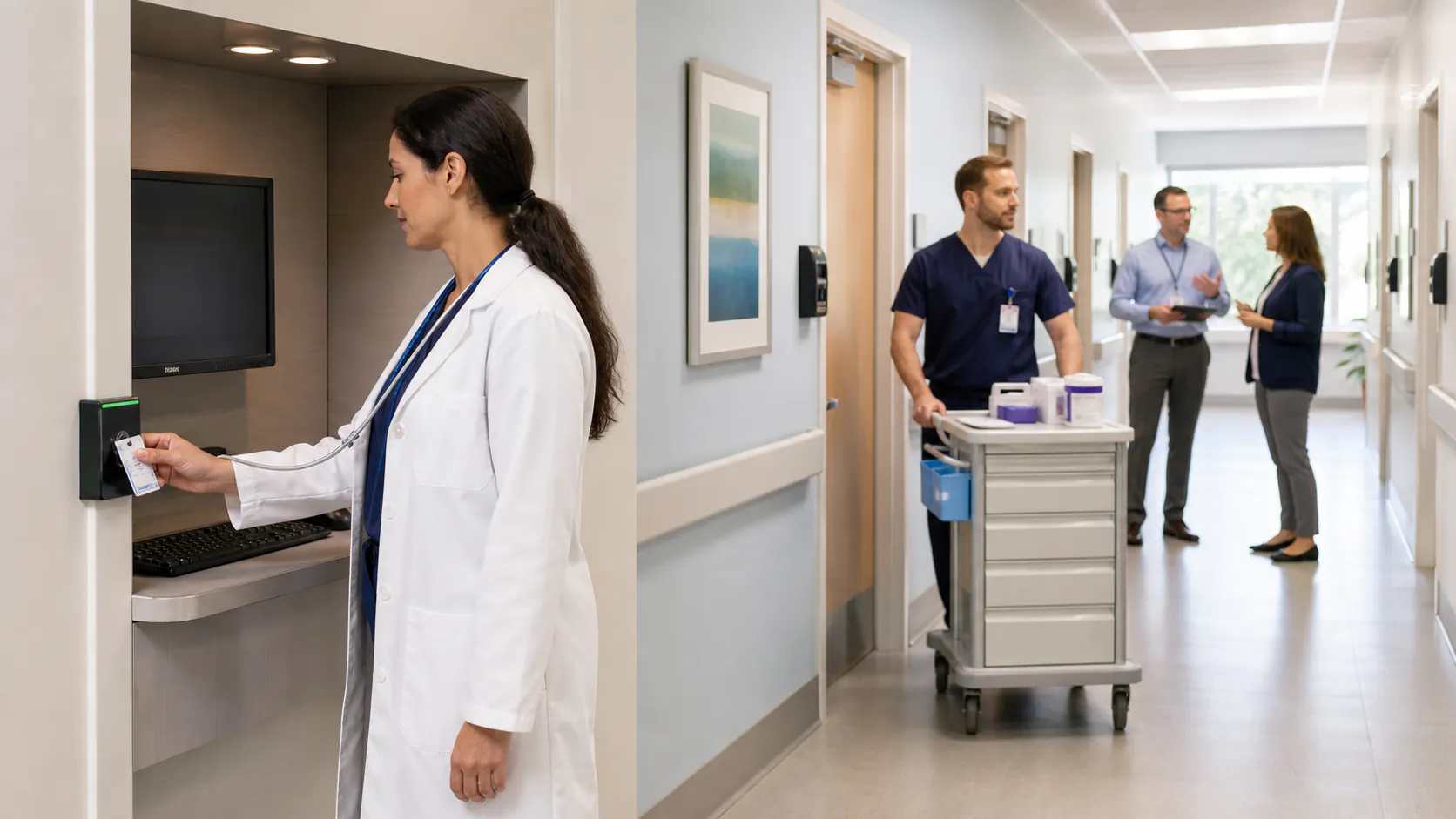 Healthcare professional using identity badge access at a clinical workstation while staff continue care operations