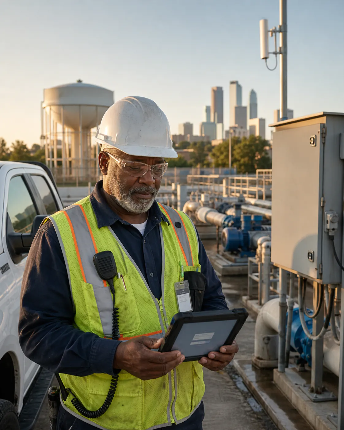 Municipal water utility technician using a rugged field tablet beside pumps, wireless equipment, and operational controls