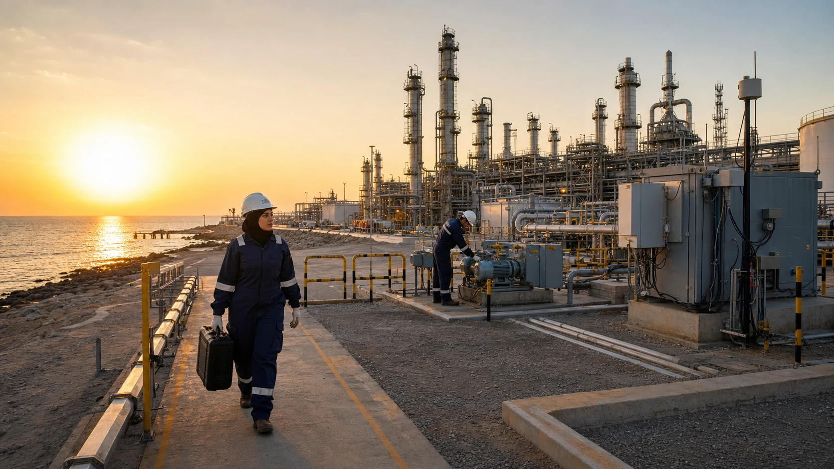 Energy facility field engineer carrying protected recovery media beside industrial control infrastructure at sunrise