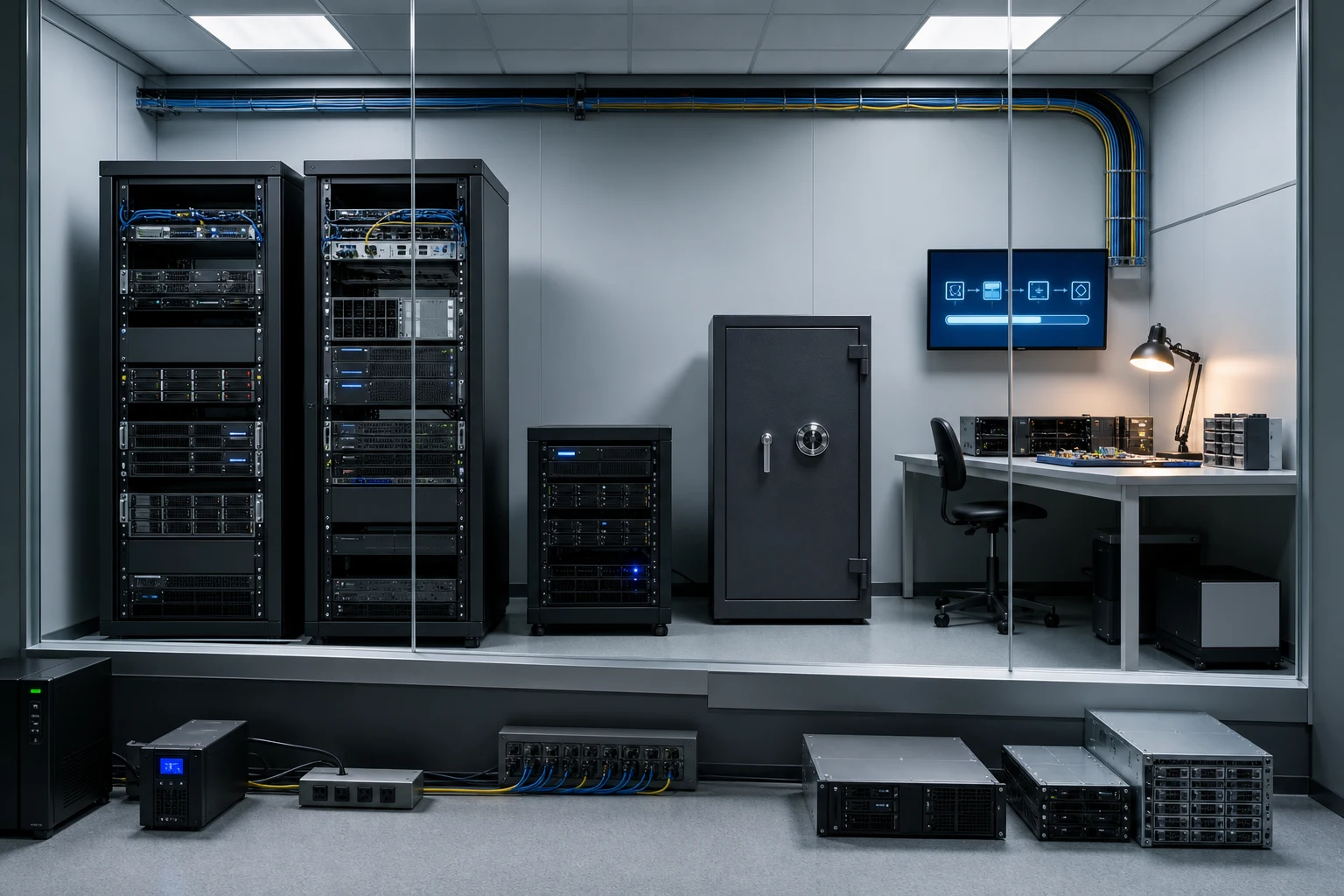 Isolated recovery lab with server racks, backup appliances, media safe, and a separate restore-test network