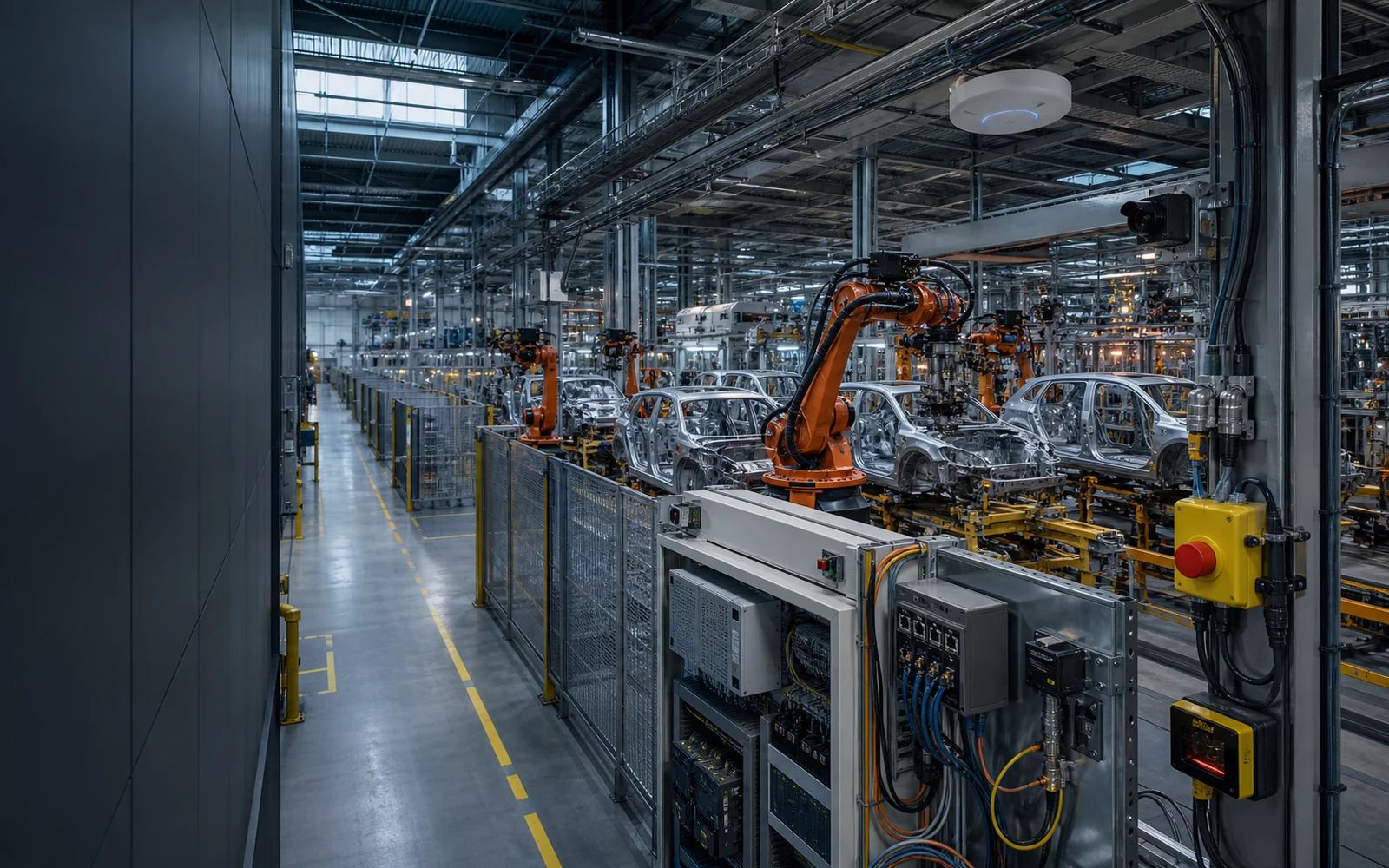 People-free automotive assembly plant showing connected robots, industrial controls, network equipment, cameras and sensors that belong in a cybersecurity asset inventory