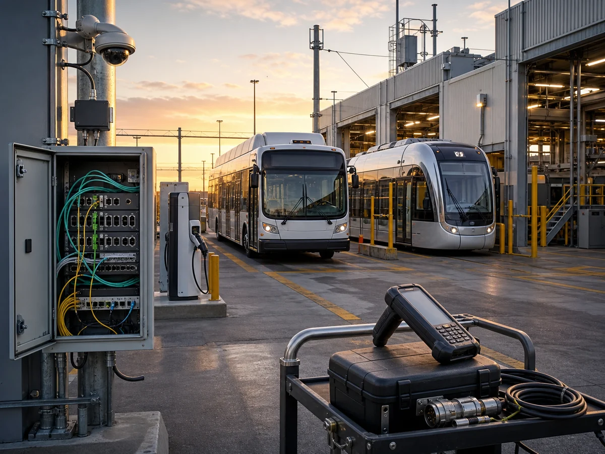 People-free municipal transit maintenance yard showing fleet telematics, charging equipment, network cabinet, cameras and a rugged asset scanner